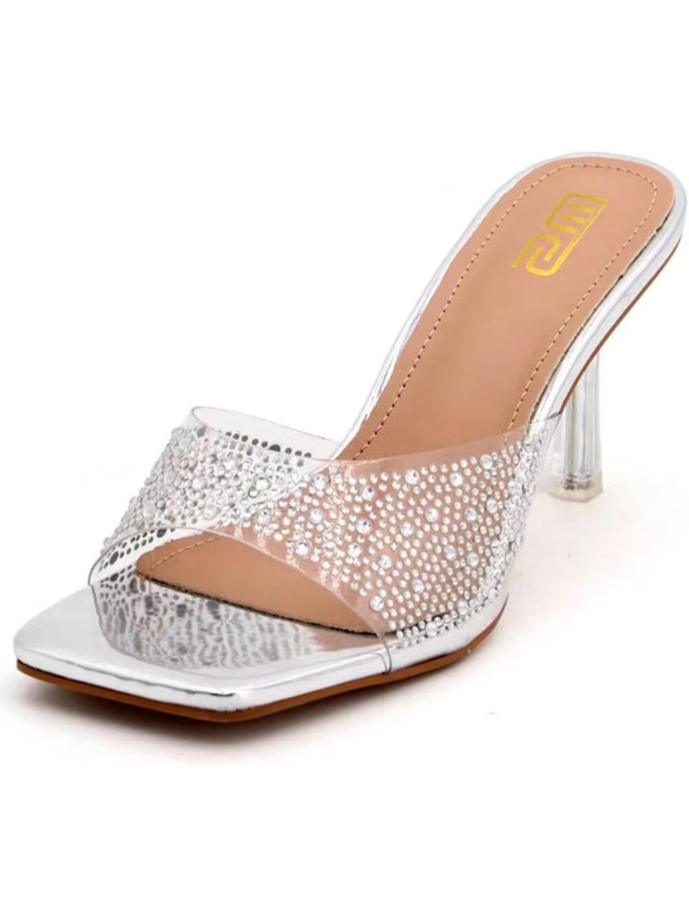 Women's Silver Rhinestone Stiletto Square Open Toe Backless High Heel Sandals